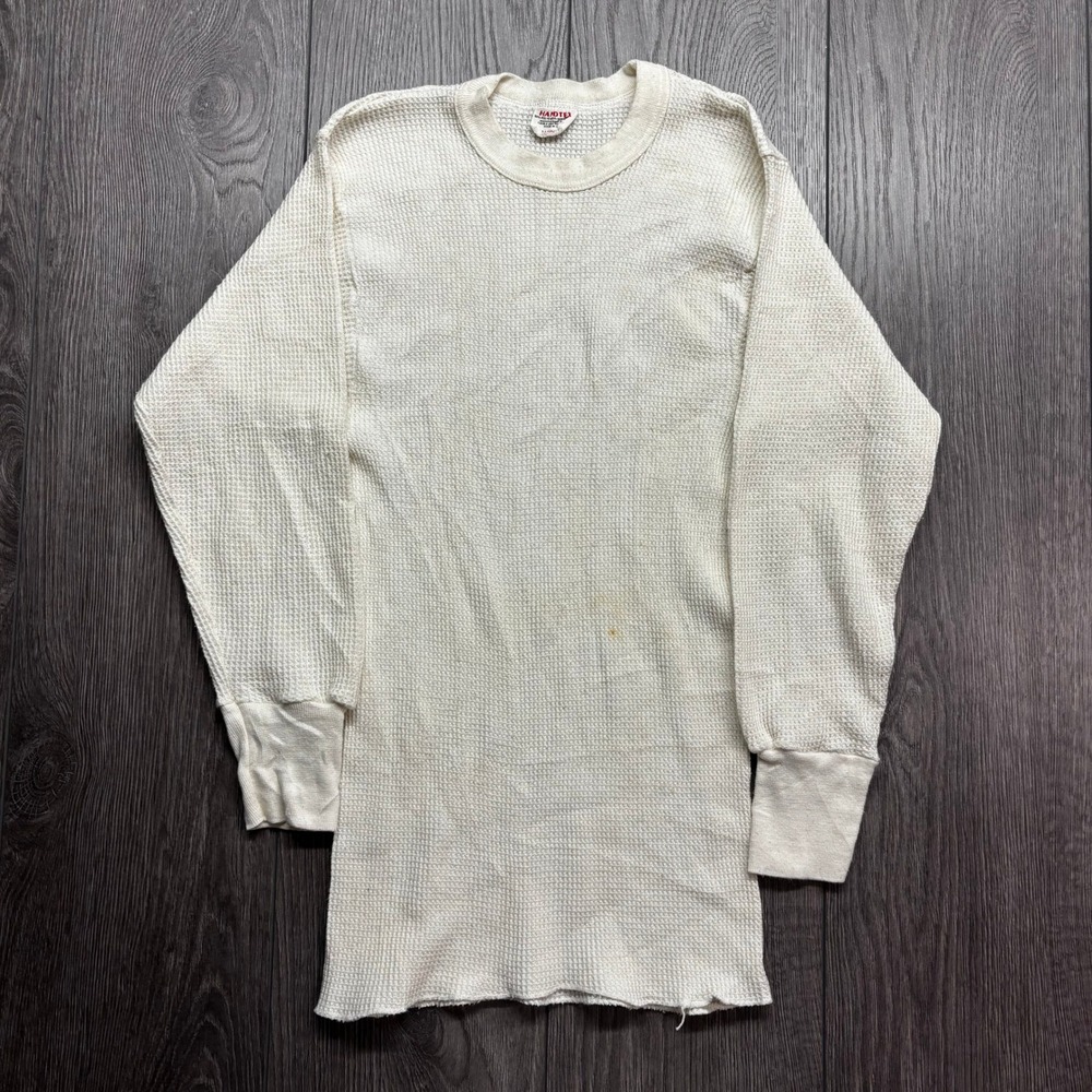 Vintage Handtex 70s Thermal Shirt Mens Medium Waffle Knit Long Sleeve Cream USA